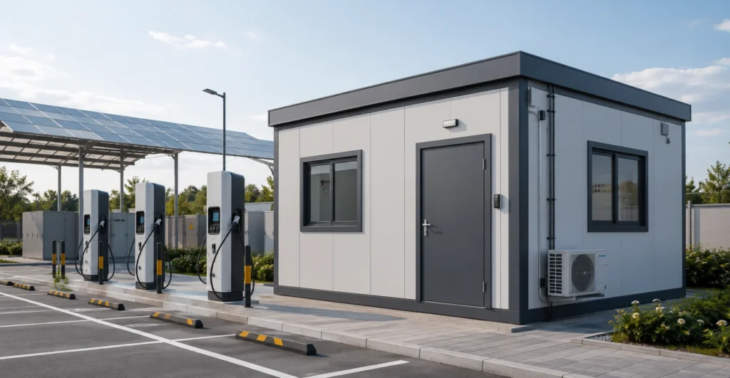 EV Charging Control Cabin designed, manufactured and supplied by Mechwat for Flatpack Solutions, FLATPACK PORTABLE CABINS and Farm Waste to Value Systems applications
