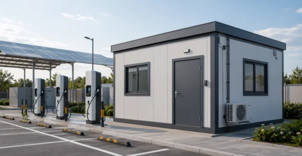 EV Charging Control Cabin designed, manufactured and supplied by Mechwat for Flatpack Solutions, FLATPACK PORTABLE CABINS and Farm Waste to Value Systems applications