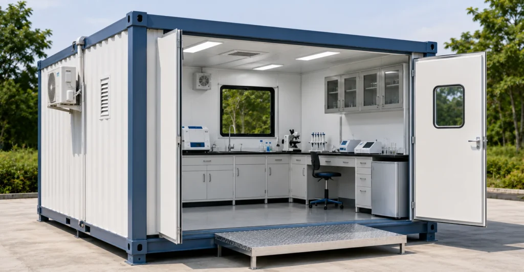 Environmental Testing Cabin designed, manufactured and supplied by Mechwat for Flatpack Solutions, FLATPACK INDUSTRIAL & PROCESS INFRASTRUCTURE and Farm Waste to Value Systems applications