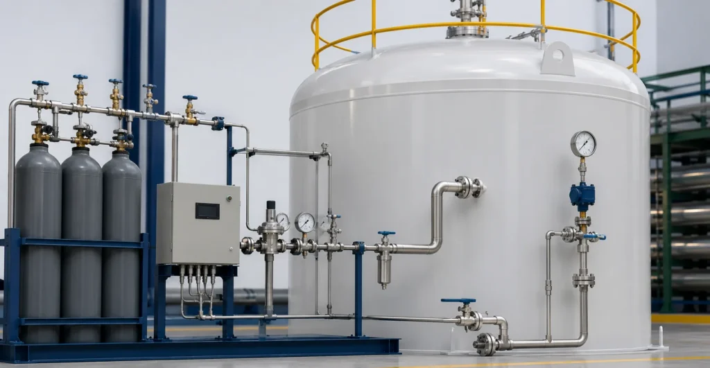 Nitrogen blanketing systems designed, manufactured and supplied by Mechwat for Engineering Utility, AIR, GAS & COMPRESSED UTILITY SYSTEMS and Pressurization applications
