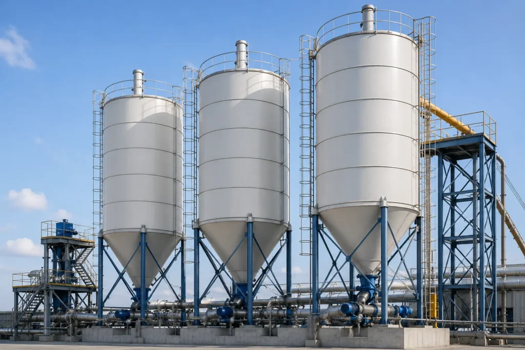 Lime, soda ash, urea, polymer silos manufacturer supplier exporter installation contractor by Mechwat for Bulk Solids Storage.