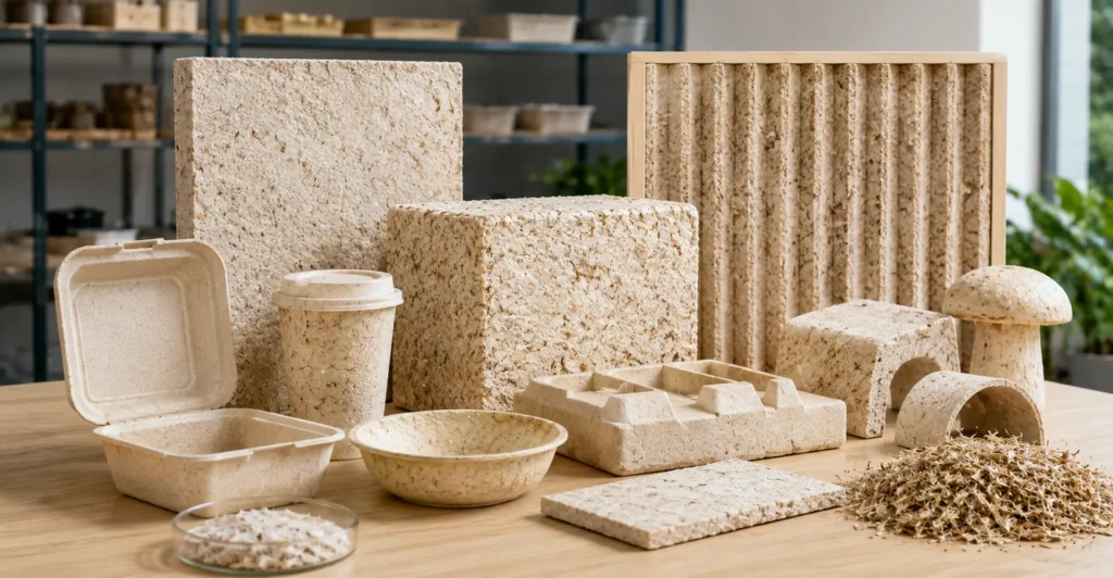 Mycelium-based bio-products designed, manufactured and supplied by Mechwat for Waste Management, Organic Waste Processing Systems and Mushroom-Based Waste Valorization applications