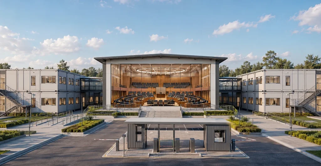 Prefab Temporary Parliament & Assembly Complex manufacturer supplier exporter installation by Mechwat for Rapid Government in a Box Systems projects