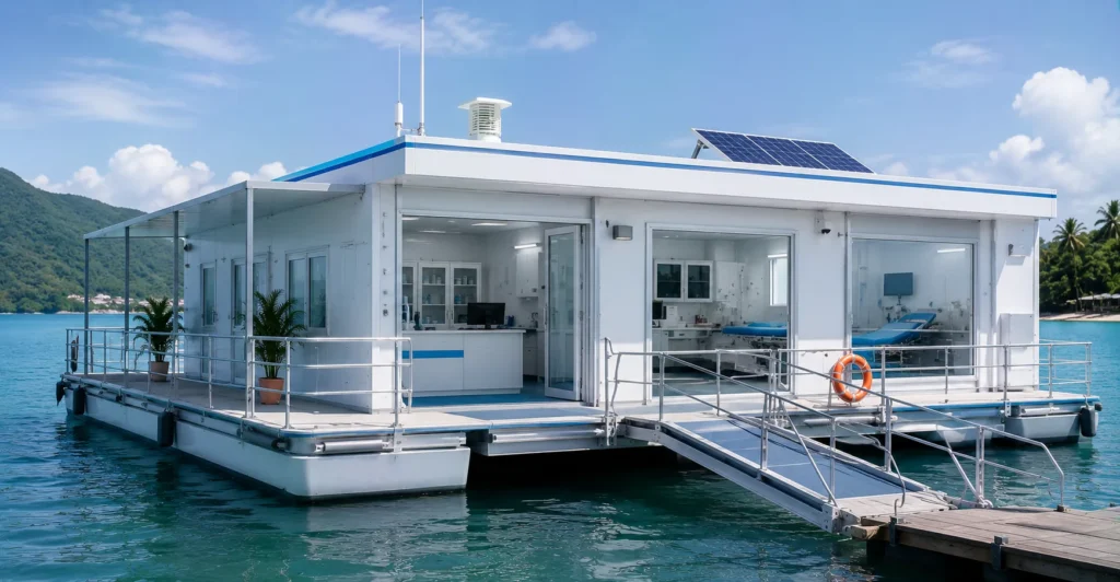 Mechwat is a prefab floating medical clinic manufacturer, supplier, exporter and installation partner for floating ocean clinic systems with turnkey prefab design and deployment