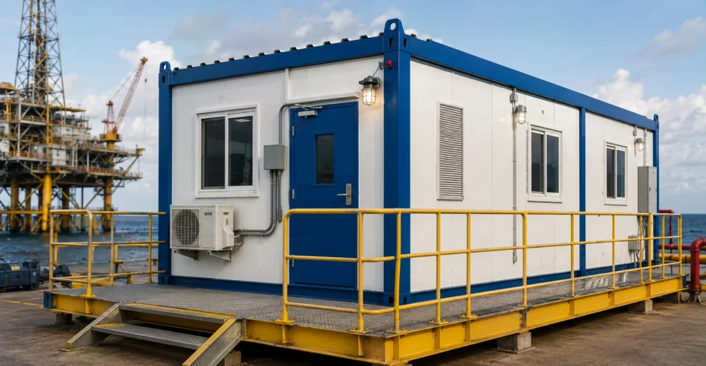 Prefab Offshore Support Cabin manufacturer by Mechwat; Prefab Offshore Support Cabin supplier for Oil & Gas; prefab prefab offshore support cabin installation site