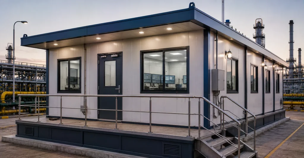 Prefab Process Control Room manufacturer by Mechwat; Prefab Process Control Room supplier for Oil & Gas; prefab prefab process control room installation site