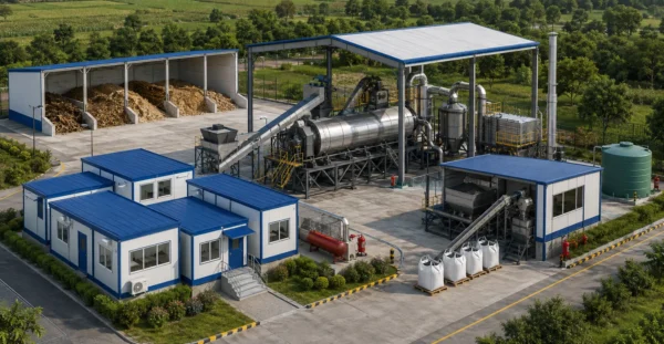Prefab biochar production support facility service provider, manufacturer, supplier, exporter and installation contractor by Mechwat for climate credit & environmental infrastructure