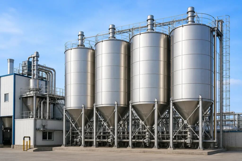 Sugar, flour & food ingredient silos manufacturer supplier exporter installation contractor by Mechwat for Bulk Solids Storage.