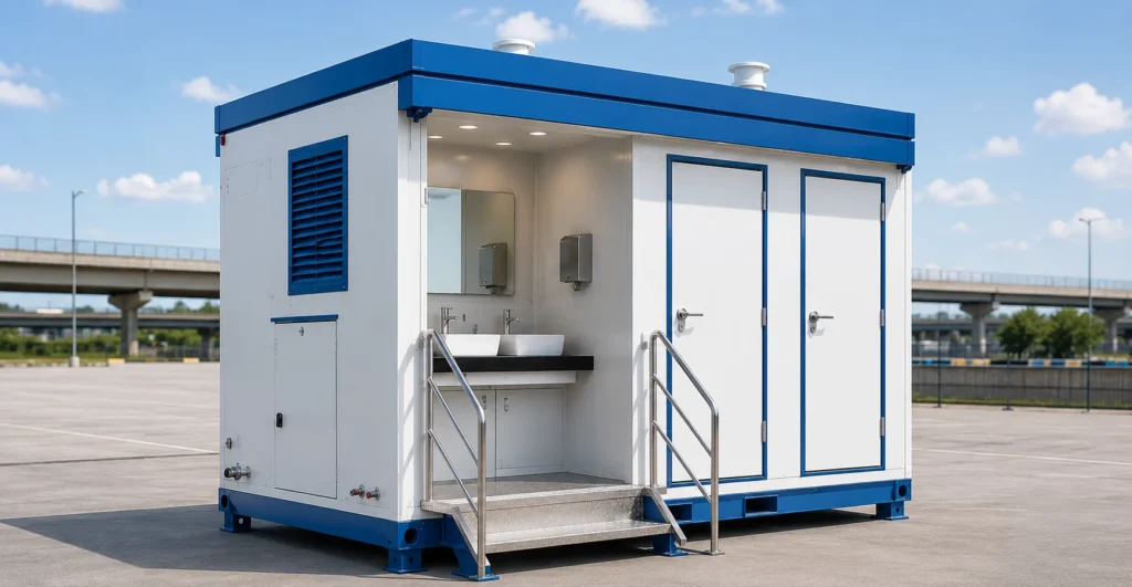 Two Seater Mobile Washroom Toilet Manufacturer, Supplier, Exporter and Turnkey Installation Company | Mechwat